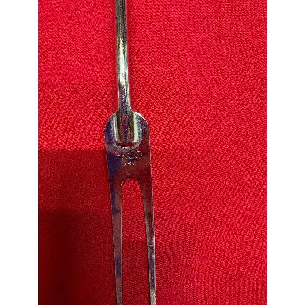 Vintage EKCO 2-Prong Meat Carving Fork USA Chromium Plated White Handle 12.5”